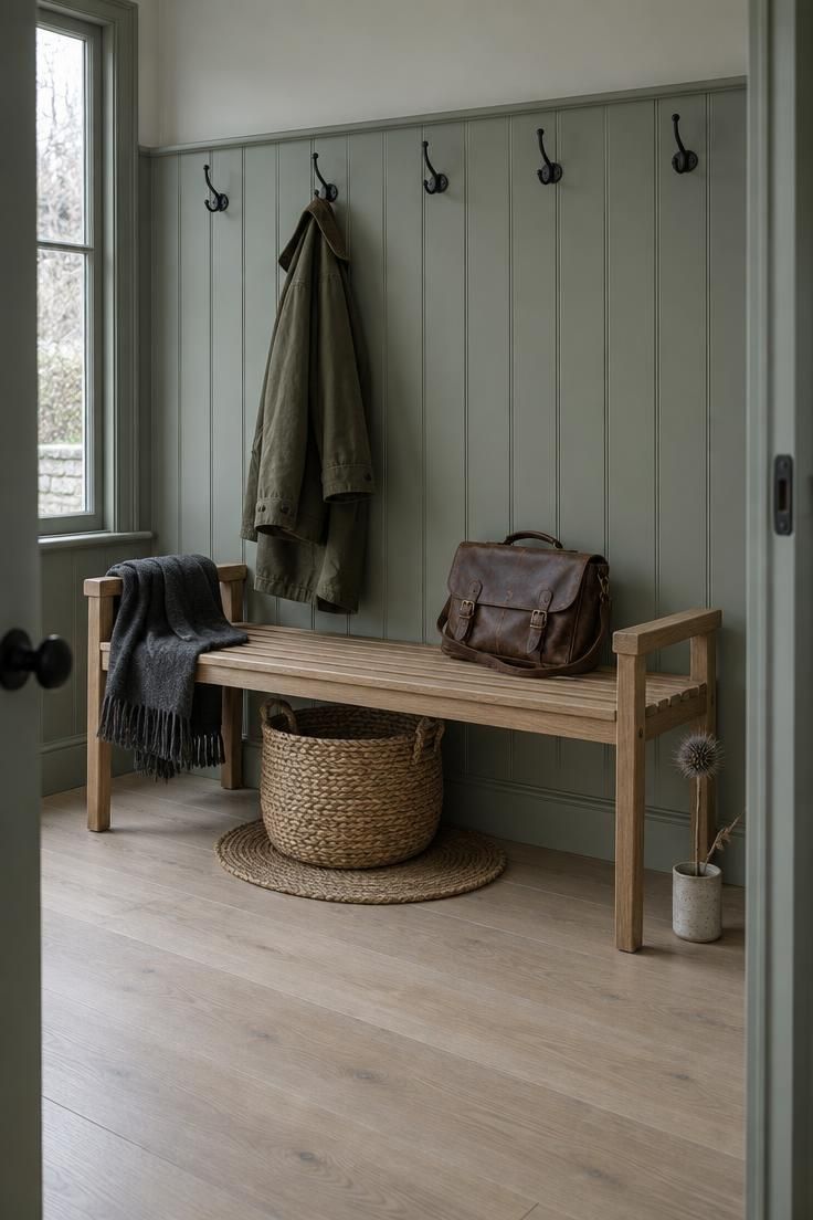 11 Warm Entrance Hallway Ideas for a Tiny First Impression 4 A slatted wood bench in an entrance hallway with five black hooks on a sage beadboard panel above and a basket tucked underneath.