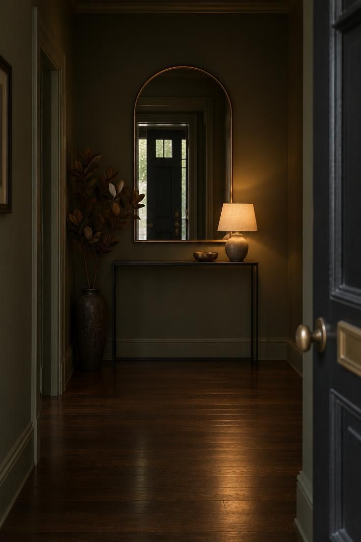 11 Warm Entrance Hallway Ideas for a Tiny First Impression 5 A moody entrance hallway with an arched brass mirror on the far wall opposite the door and a small lamp glowing on a slim console below.