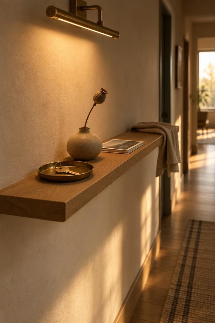 11 Warm Entrance Hallway Ideas for a Tiny First Impression 6 A shallow floating oak shelf in a narrow hallway holding a brass tray and low vase, lit by a slim picture light above a bare wall.