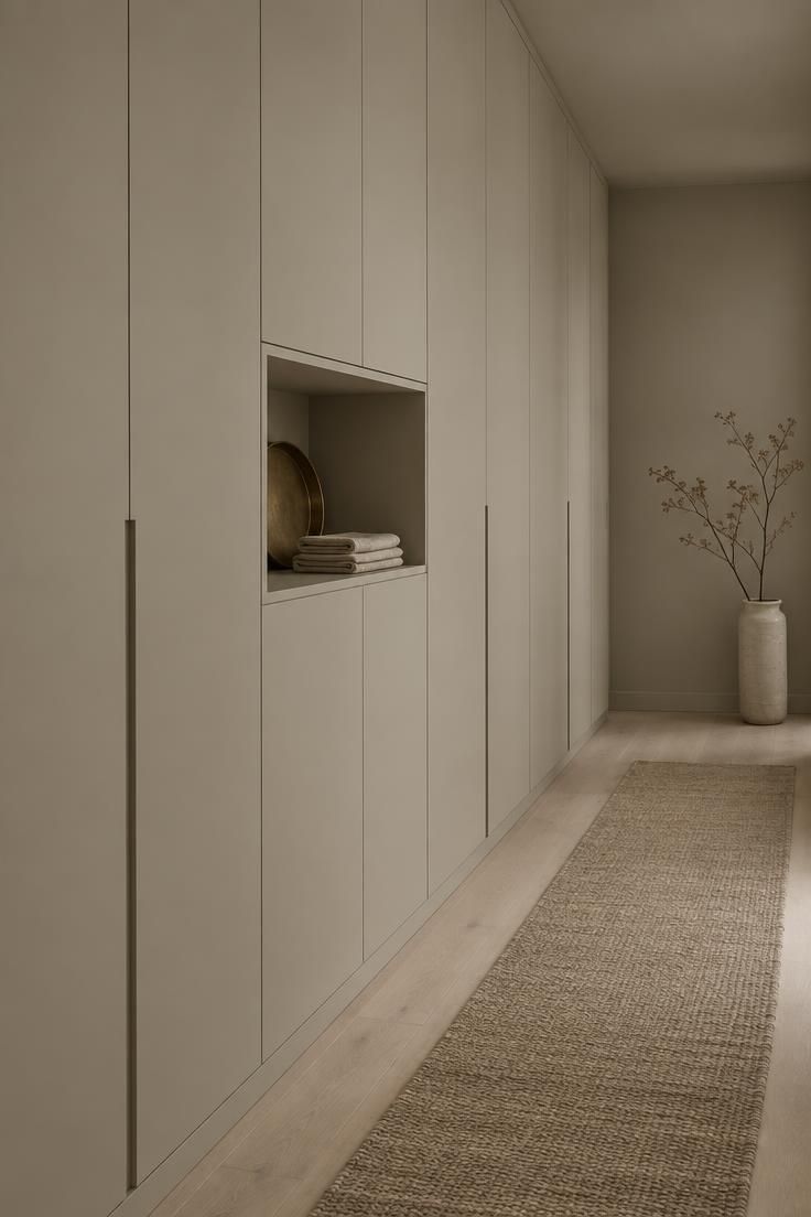 11 Warm Entrance Hallway Ideas for a Tiny First Impression 7 Floor-to-ceiling shallow cabinetry painted to match the greige wall in an entrance hallway, with one open niche holding a tray.