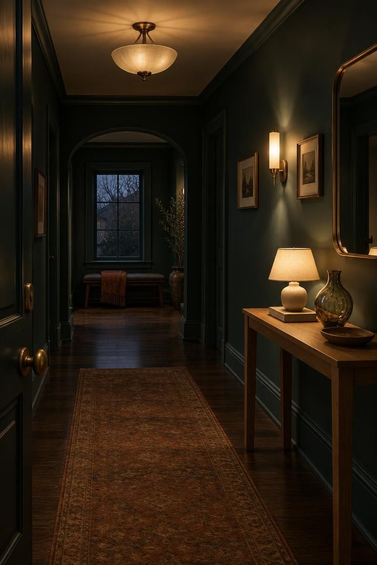 11 Warm Entrance Hallway Ideas for a Tiny First Impression 8 A dusk-lit entrance hallway with a ceiling fixture, a wall sconce between prints, and a small lamp on a console, each lighting a different surface.