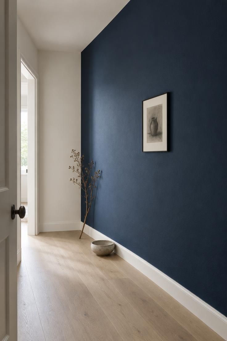 11 Warm Entrance Hallway Ideas for a Tiny First Impression 9 A narrow hallway with one wall painted deep ink blue, the opposite wall and ceiling in off-white, and a single small framed drawing.