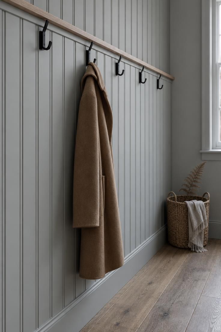 11 Warm Entrance Hallway Ideas for a Tiny First Impression 10 A beadboard panel in dove grey with five black hooks along a narrow hallway wall, one camel coat hanging and others left empty.