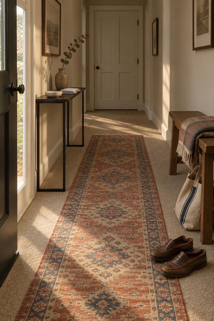 11 Warm Entrance Hallway Ideas for a Tiny First Impression 11 Narrow hallway with a terracotta and indigo flatweave runner layered over plain oatmeal carpet, slim black console, bench with folded throw, and soft daylight from a front-door sidelight.