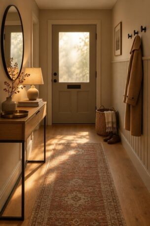 A cozy entrance hallway with a slim oak console, round mirror, warm lamp, rust runner, and a slat panel with one hanging coat.
