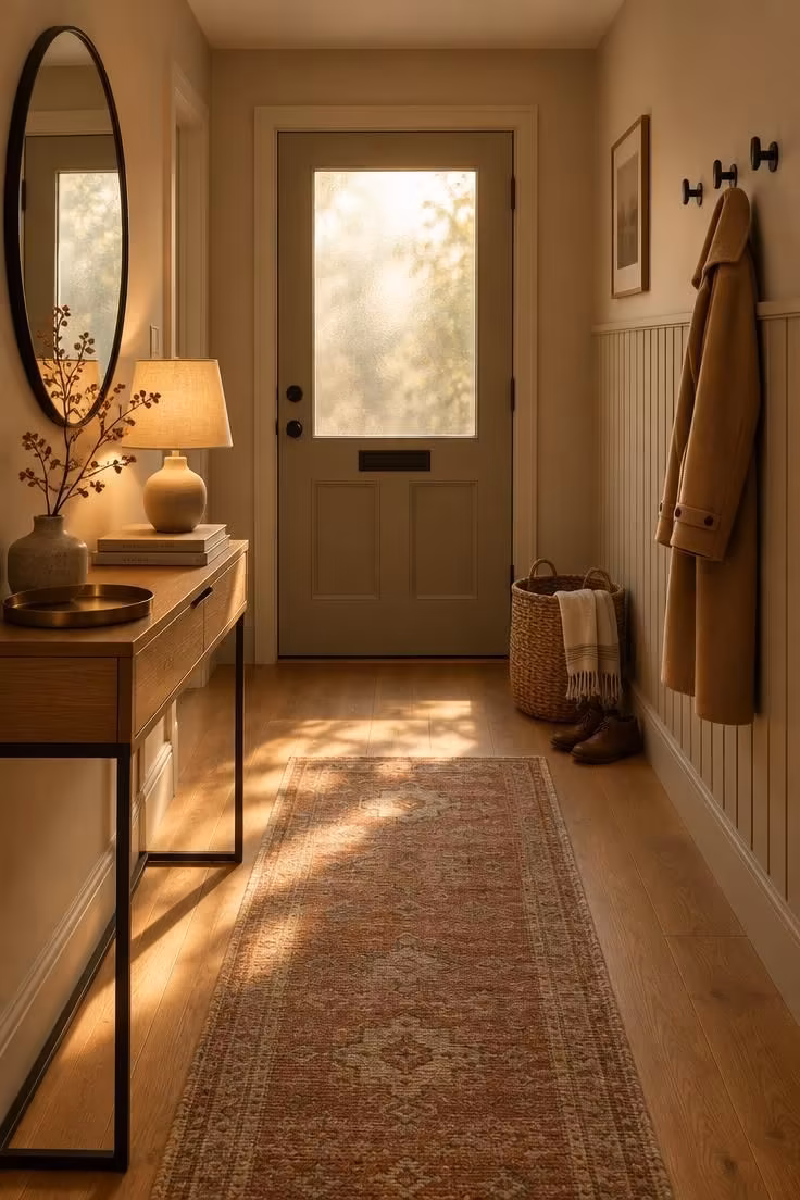 Simple Spaces 17 A cozy entrance hallway with a slim oak console, round mirror, warm lamp, rust runner, and a slat panel with one hanging coat.