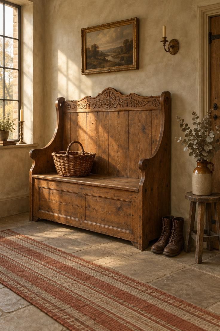 Entryway Bench Styling for a Practical and Finished Look 1 Antique wooden hall settle with a carved back and curved arms against a limewashed plaster wall, with a woven basket on the seat, a striped runner in front, and golden window light across the wood.