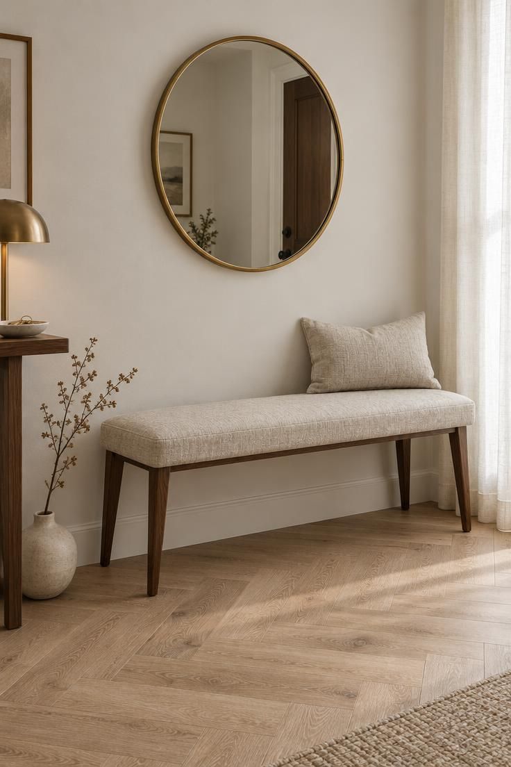 Entryway Bench Styling for a Practical and Finished Look 2 Shallow upholstered entry bench with tapered walnut legs and one linen pillow, a round brass mirror above, and soft daylight from the right across a pale oak floor.