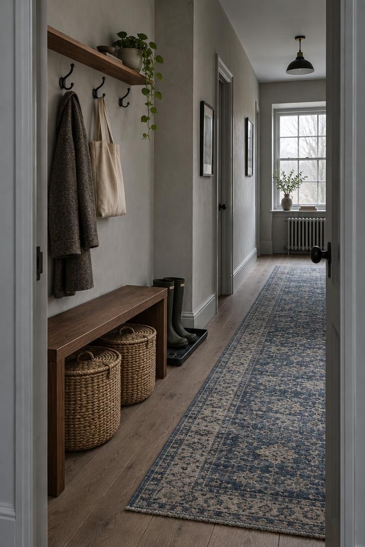 Entryway Bench Styling for a Practical and Finished Look 4 Hallway threshold view of a walnut bench with two lidded baskets beneath, a hook shelf above holding coats and a plant, and a boot tray beside in cool overcast light.