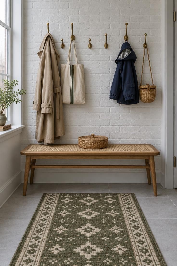 Entryway Bench Styling for a Practical and Finished Look 6 Shared entryway with a continuous oak cane bench, mixed-height brass hooks holding adult and child coats, a rattan tray at the midpoint, and a wool runner.