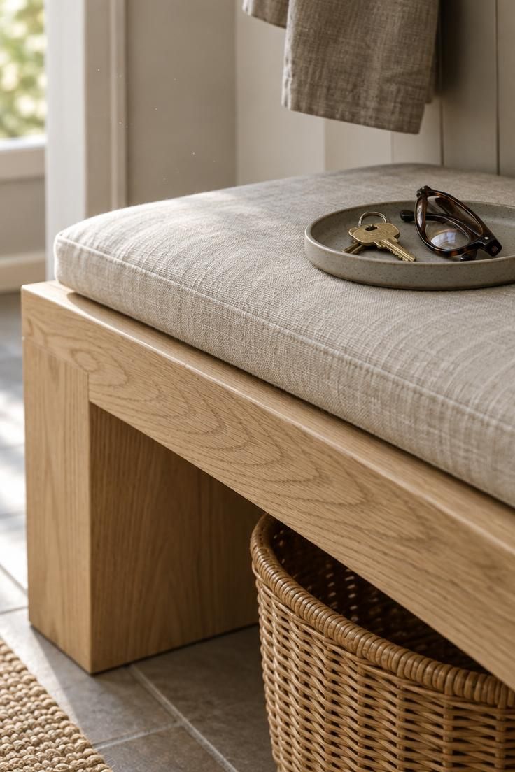 Entryway Bench Styling for a Practical and Finished Look 7 Close-up of a white oak bench seat with a linen cushion, grey ceramic key tray, and the edge of a rattan basket beneath in soft diffused light.