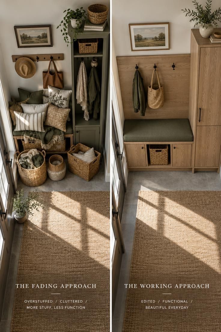 Entryway Bench Styling for a Practical and Finished Look 8 Overhead side-by-side comparison of a fading overstuffed bench with matching hall tree on the left and a working bench with one olive cushion, mixed closed and open storage, natural wood, and hooks on the right.