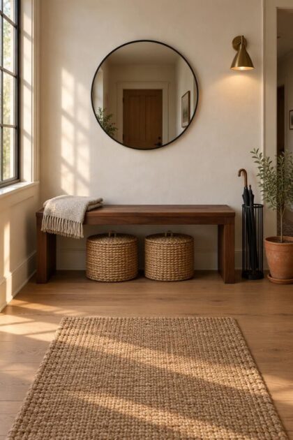 Entryway Bench Styling for a Practical and Finished Look Entryway with a walnut bench, round black-framed mirror above, folded oatmeal throw, two lidded seagrass baskets beneath, umbrella stand and terracotta plant beside, and jute runner on oak floor.