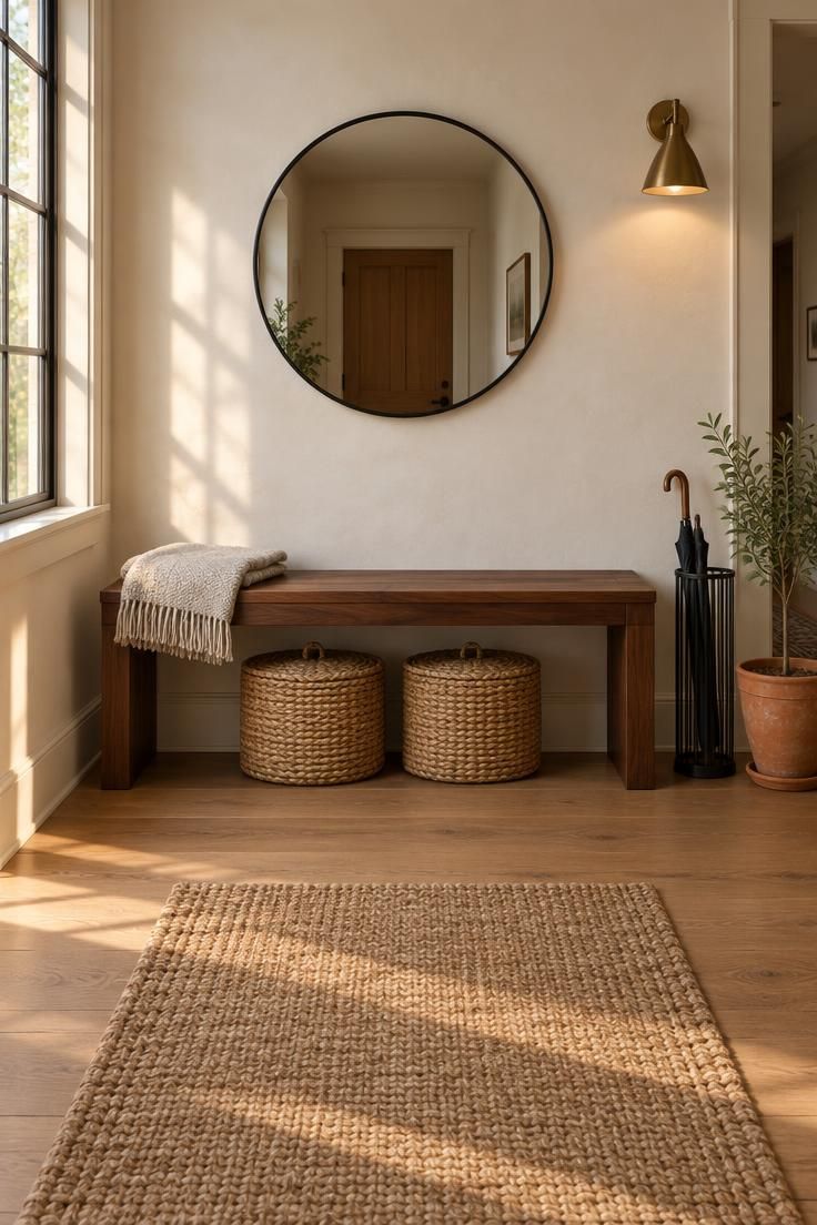 Simple Spaces 23 Entryway with a walnut bench, round black-framed mirror above, folded oatmeal throw, two lidded seagrass baskets beneath, umbrella stand and terracotta plant beside, and jute runner on oak floor.