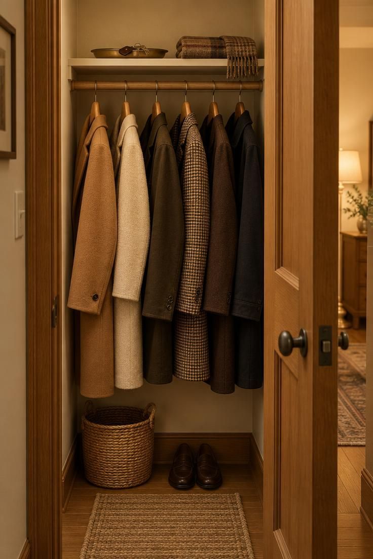 10 Warm Entryway Closet Makeover Ideas That Welcome 1 A narrow entryway closet with coats spaced on matching wooden hangers, a shelf holding a brass key tray and folded scarf, and a small woven basket on the floor.