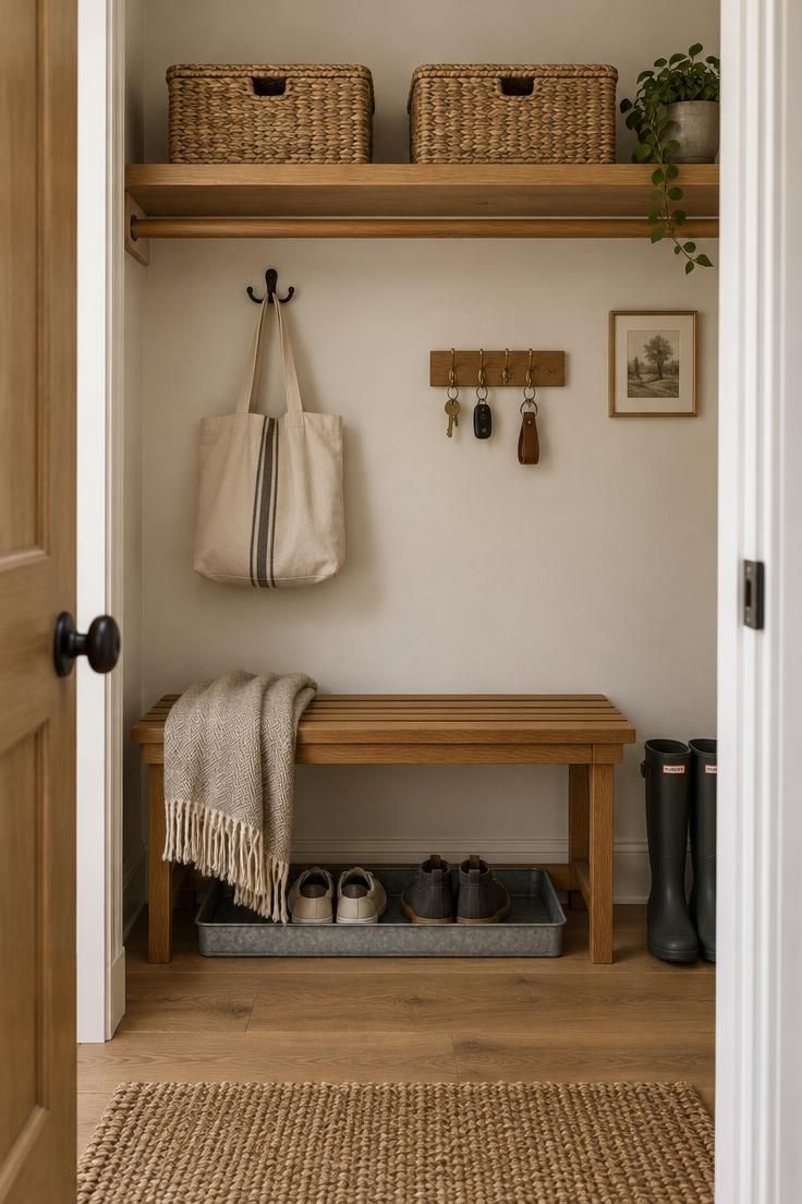 10 Warm Entryway Closet Makeover Ideas That Welcome 2 An entryway closet interior with a slatted wood bench, black hooks holding a canvas tote, a boot tray with shoes, and two lidded baskets on the upper shelf.
