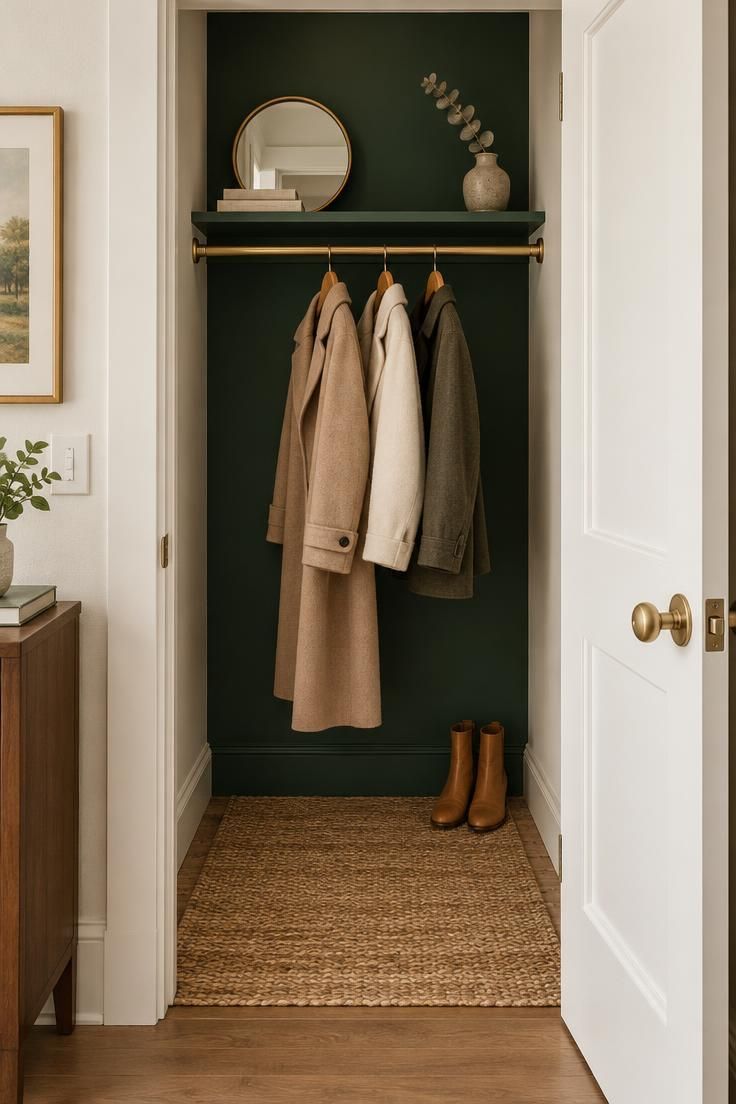 10 Warm Entryway Closet Makeover Ideas That Welcome 3 A closet with a deep green back wall, brass rod with neutral coats, a round mirror on the shelf, and a flatwoven jute runner on the floor.