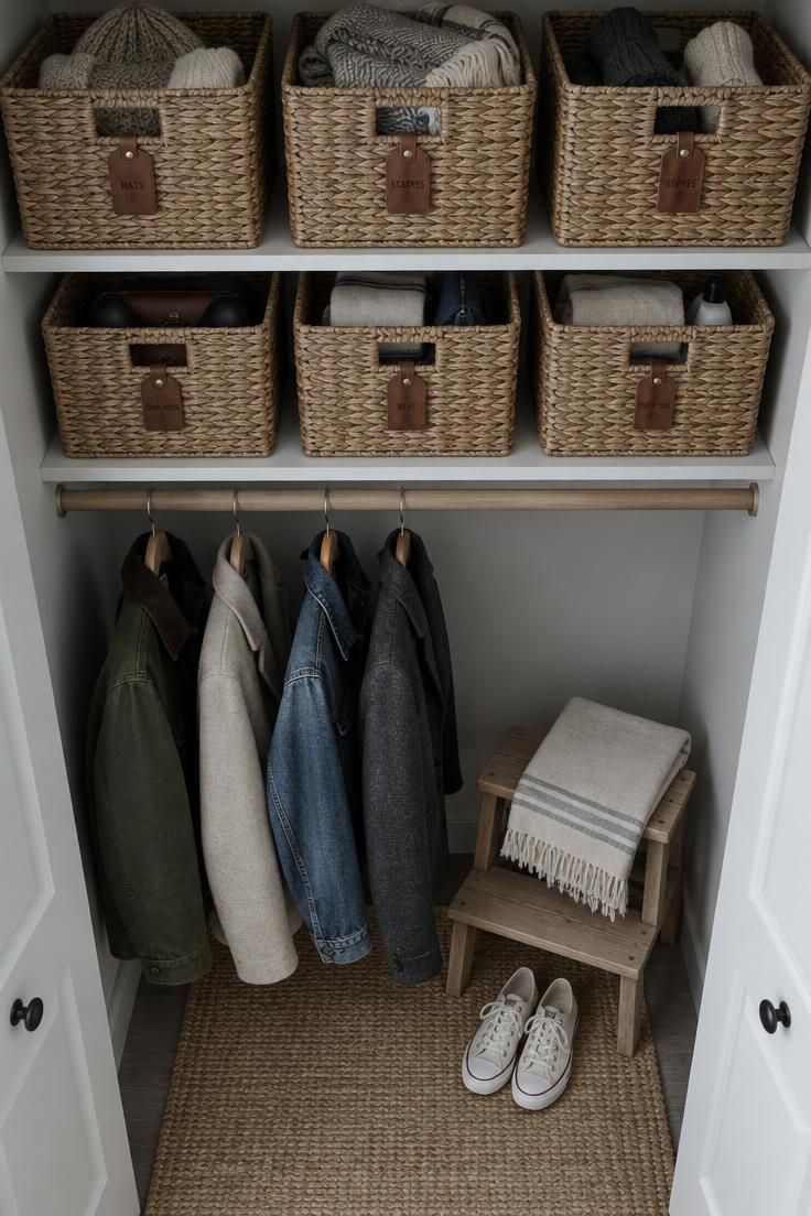 10 Warm Entryway Closet Makeover Ideas That Welcome 4 Overhead view of two closet shelves lined with matching seagrass baskets with leather tag labels, jackets below, and a small step stool on the floor.