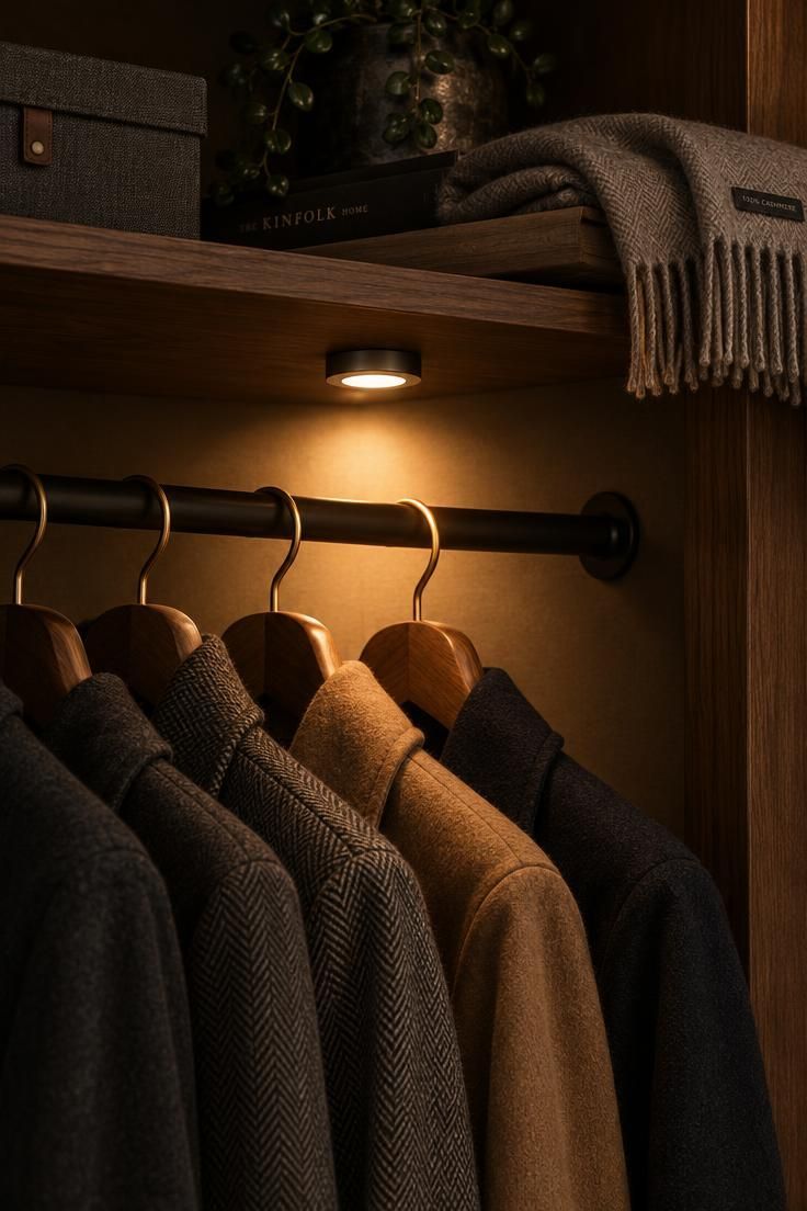 10 Warm Entryway Closet Makeover Ideas That Welcome 5 Close-up of a small battery puck light glowing under a closet shelf, illuminating coats on a dark rod and casting warm light on the back wall.