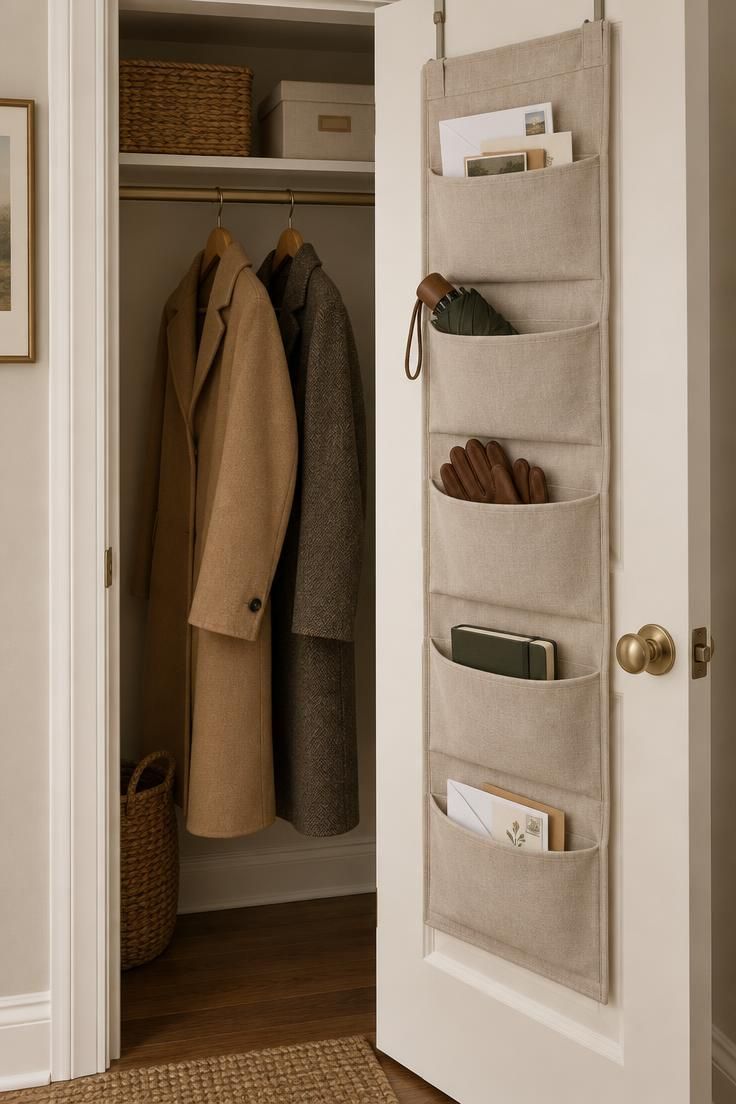 10 Warm Entryway Closet Makeover Ideas That Welcome 6 An open closet door with a beige over-the-door organizer holding mail, an umbrella, and gloves, with two coats on the rod behind.