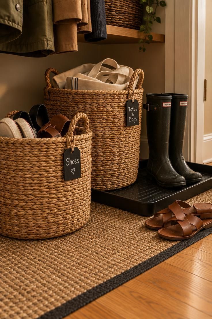 10 Warm Entryway Closet Makeover Ideas That Welcome 7 Closet floor with two seagrass baskets holding shoes and totes, a black metal boot tray with rain boots, and chalk labels on the basket handles.