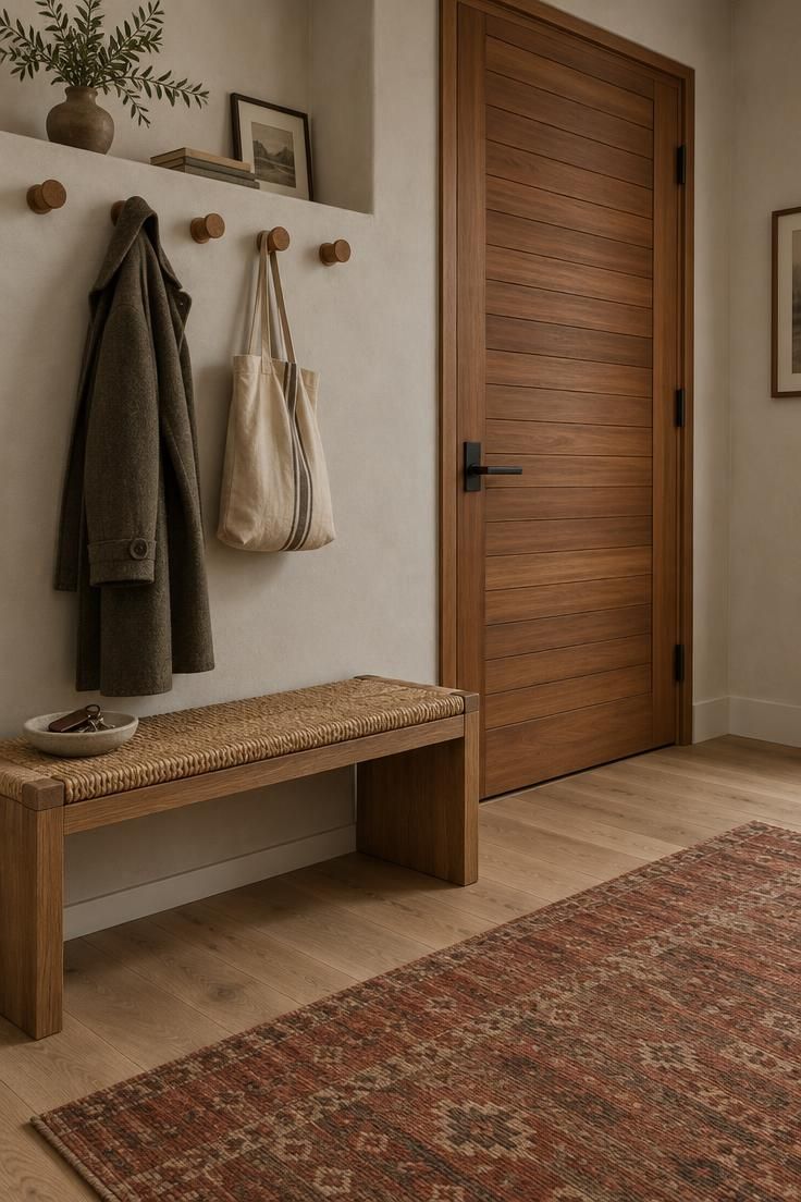 10 Warm Entryway Closet Makeover Ideas That Welcome 8 A warm teak wood slat closet door with rounded oak coat pegs holding a wool overcoat and canvas tote beside it, with a cushioned bench below.