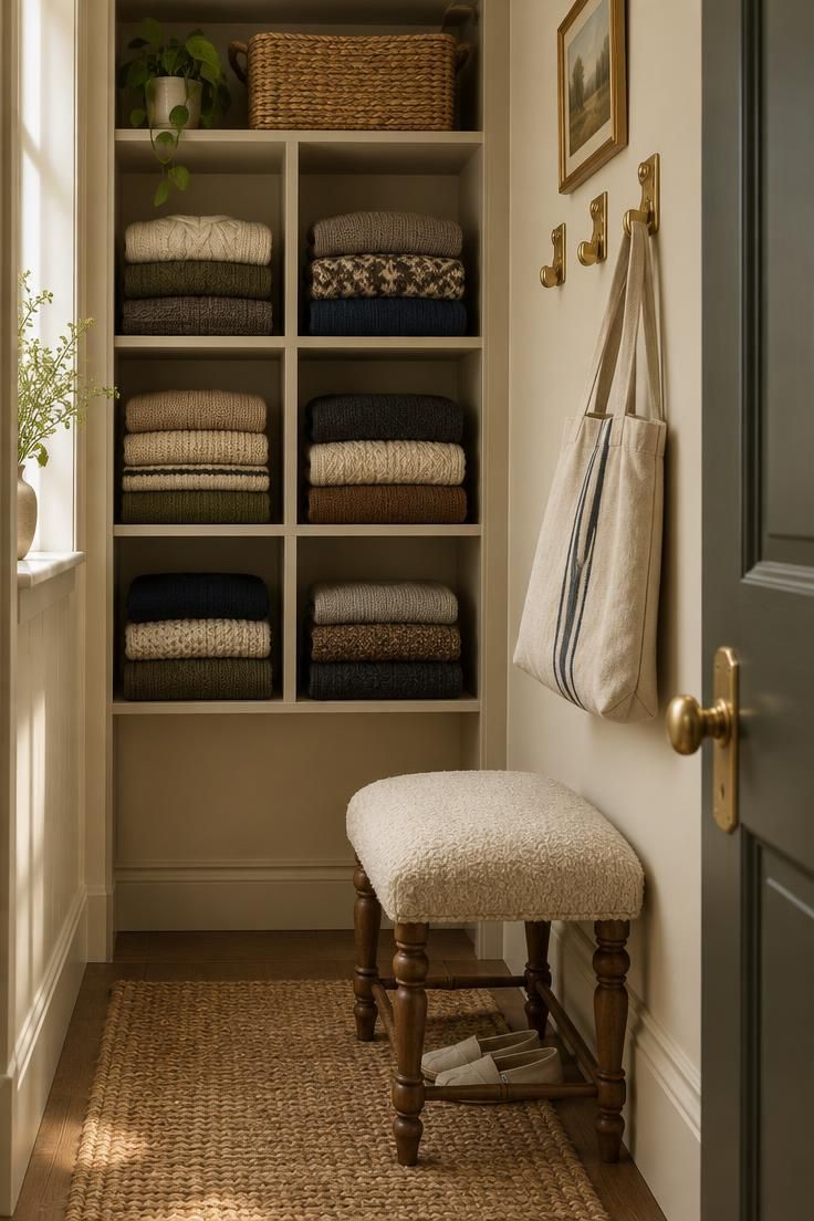 10 Warm Entryway Closet Makeover Ideas That Welcome 9 A narrow entryway closet with folded sweaters in open cubbies, brass clip hooks holding a canvas tote, and an upholstered dressing stool below.