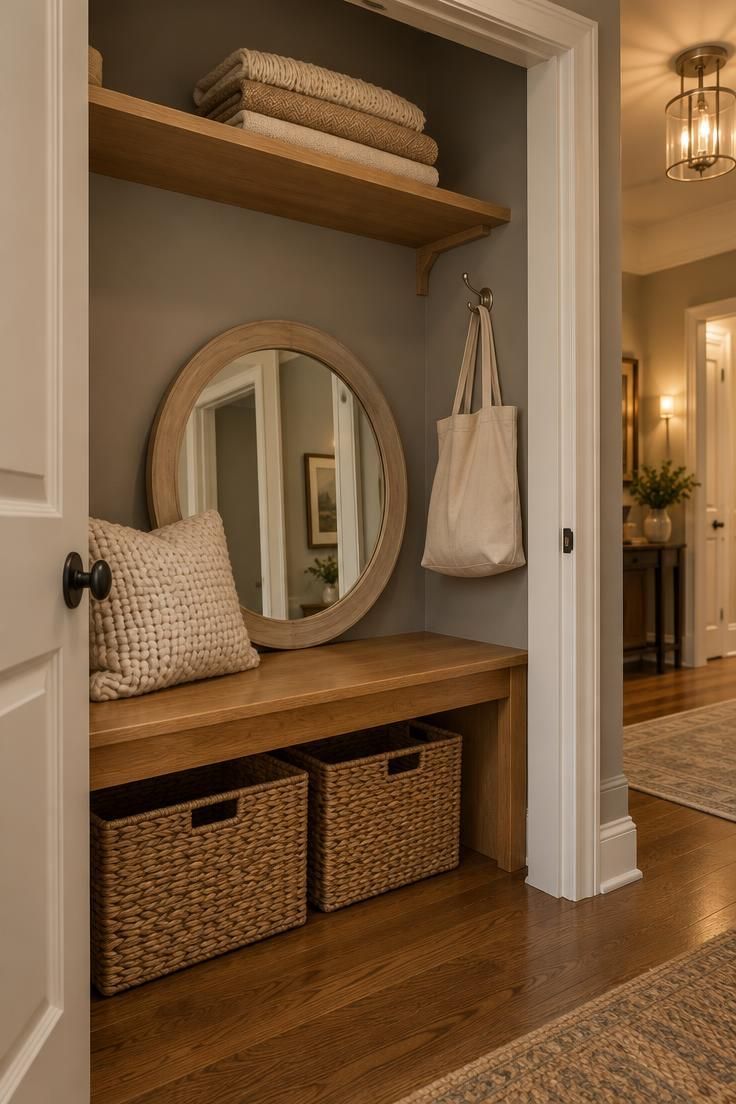 10 Warm Entryway Closet Makeover Ideas That Welcome 10 A closet bench in honey wood with a chunky knit pillow, a round mirror leaning on the back wall, and two baskets beneath.