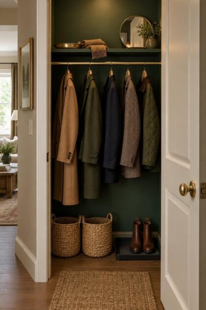 10 Warm Entryway Closet Makeover Ideas That Welcome A warm entryway closet with a deep green back wall, wooden hangers, a brass rod, seagrass baskets on the floor, a jute runner, and a small round mirror on the shelf.
