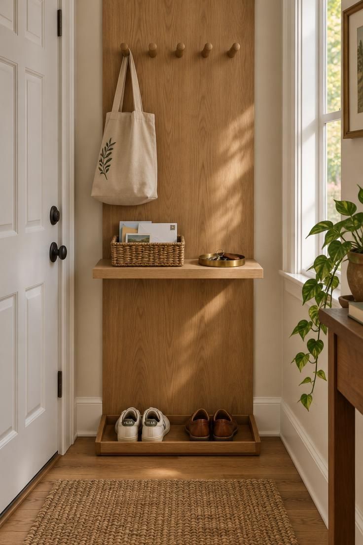 11 Warm Entryway Command Center Ideas for a Calmer Drop Zone 1 White oak wall strip with rounded pegs and a floating shelf holding mail and a key tray in a narrow entry.