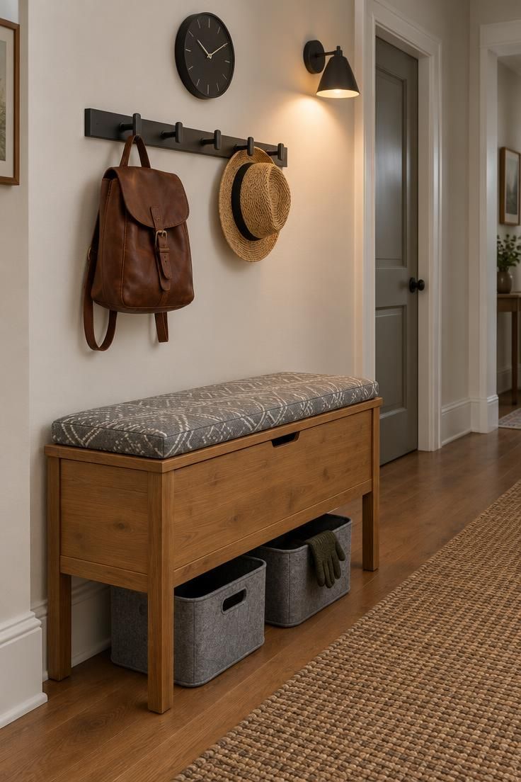 11 Warm Entryway Command Center Ideas for a Calmer Drop Zone 2 Charcoal metal hook rail above a lidded wood bench with gray felt bins in a narrow hallway entry.