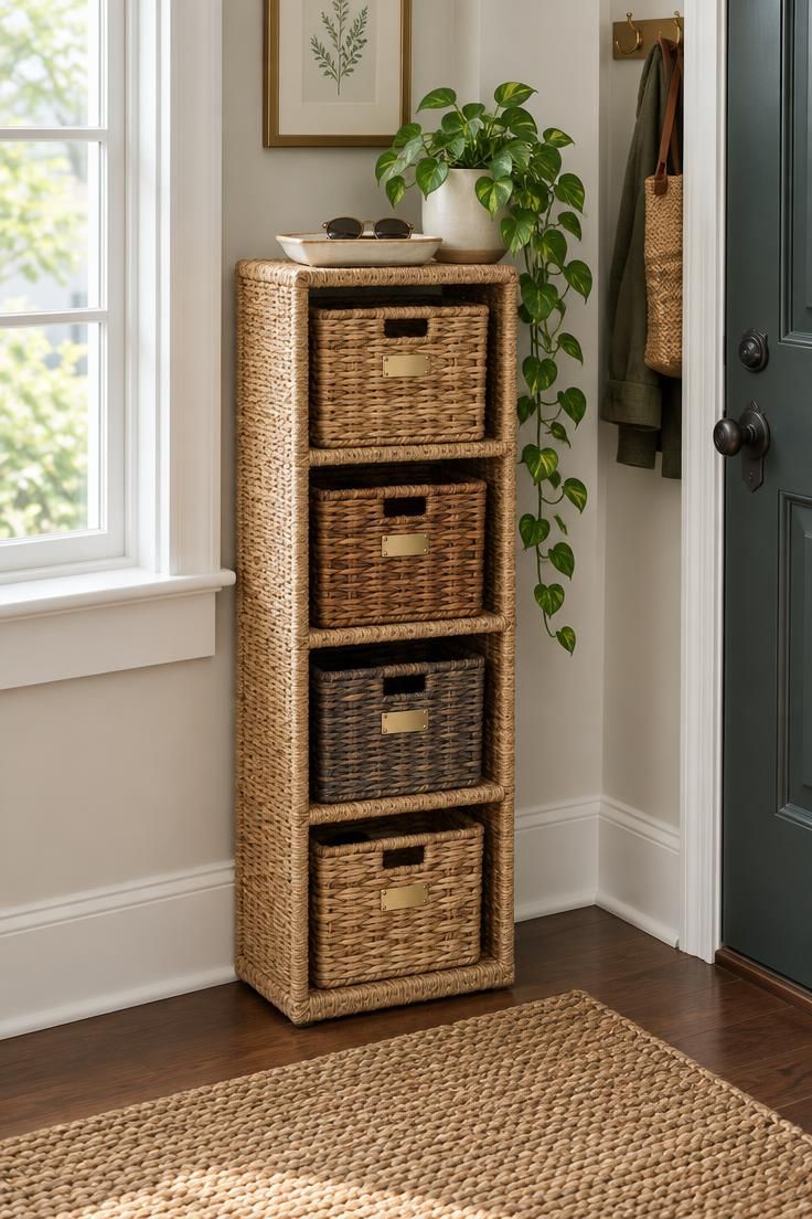 11 Warm Entryway Command Center Ideas for a Calmer Drop Zone 3 Tall seagrass cubby tower with wicker baskets, brass label holders, and a plant in a home entry corner.