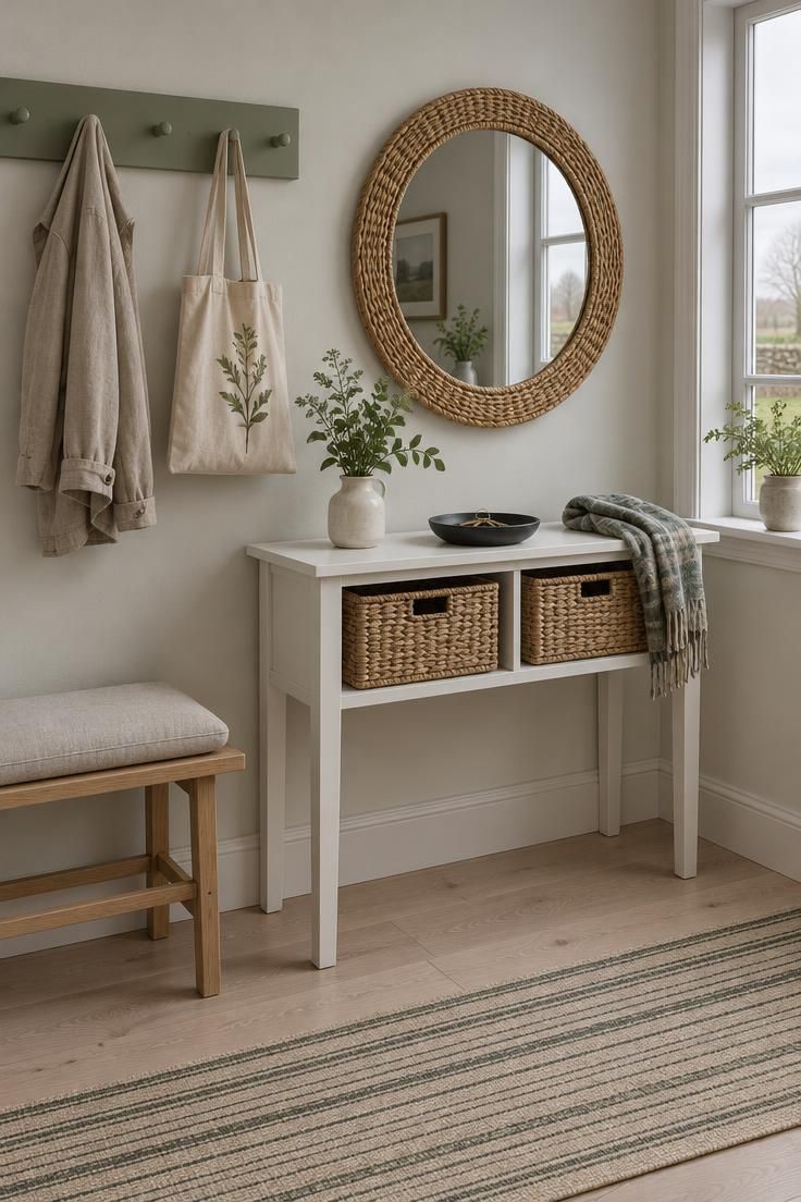 11 Warm Entryway Command Center Ideas for a Calmer Drop Zone 4 Sage green Shaker peg board above a slim white console with woven bins and a rattan mirror in a small entry.