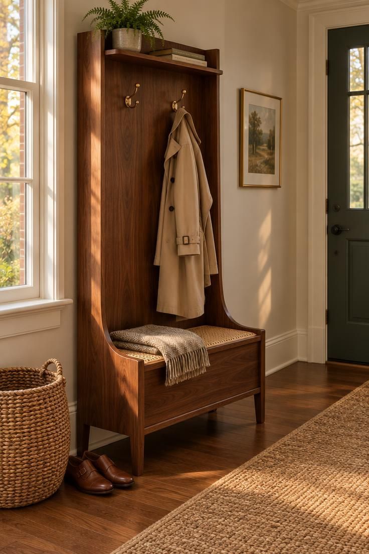 11 Warm Entryway Command Center Ideas for a Calmer Drop Zone 5 Walnut freestanding hall tree with brass hooks, a cane bench, and an upper shelf in a warm entry corner.