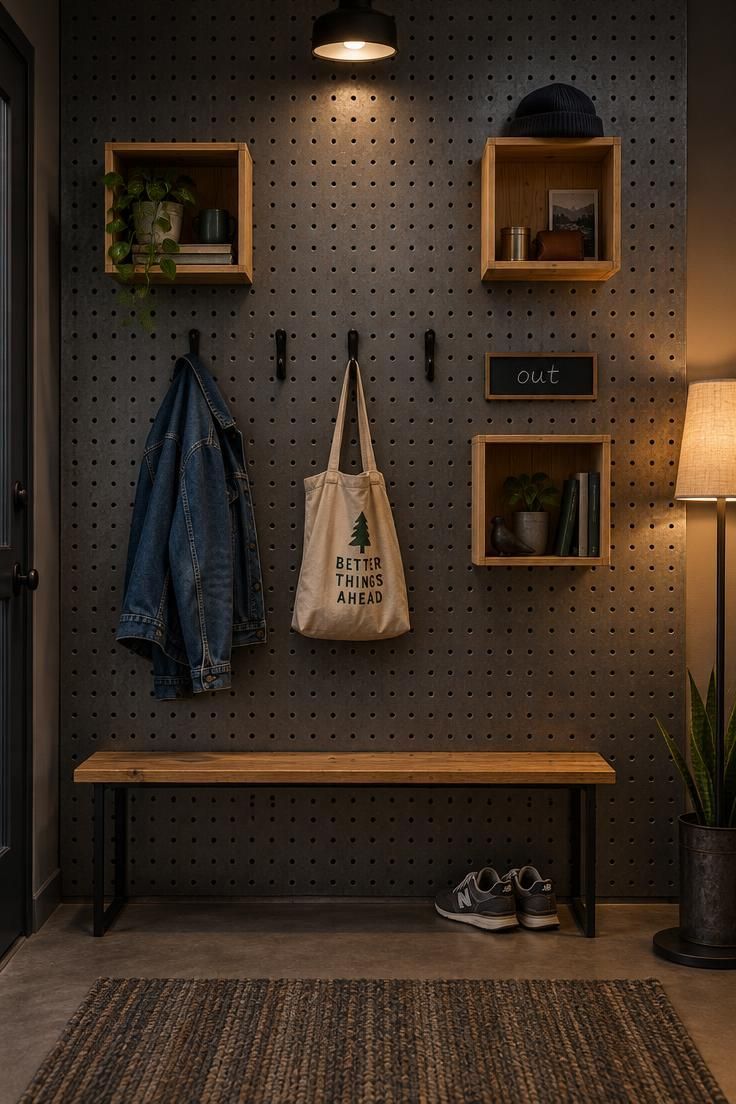 11 Warm Entryway Command Center Ideas for a Calmer Drop Zone 7 Raw steel pegboard entry wall with pine cubby boxes, adjustable black hooks, and a chalkboard strip.