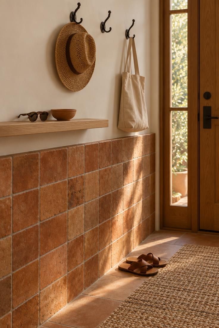 11 Warm Entryway Command Center Ideas for a Calmer Drop Zone 8 Terracotta tiled half-wall with a floating oak shelf and wrought iron hooks in a warm entry.