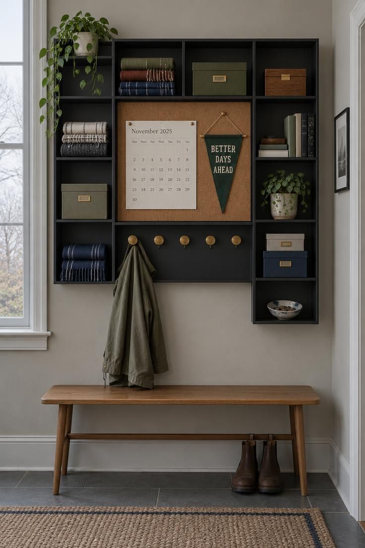 11 Warm Entryway Command Center Ideas for a Calmer Drop Zone 9 Black metal wall grid with cubbies, brass hooks, and a central cork panel above a slim wood bench.