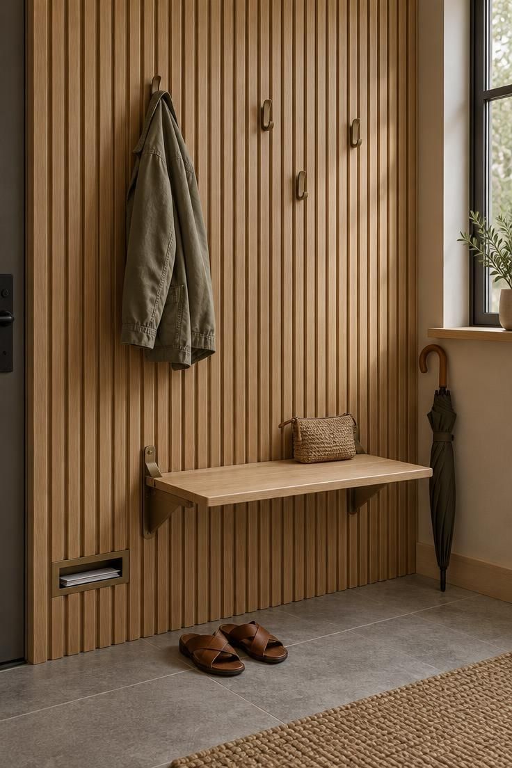 11 Warm Entryway Command Center Ideas for a Calmer Drop Zone 10 White oak slat wall entry nook with fold-out J-hooks and a slim fold-down bench beside sandals.