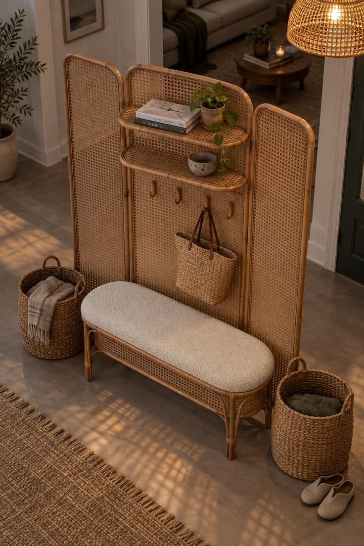 11 Warm Entryway Command Center Ideas for a Calmer Drop Zone 11 Rattan room divider with a cane bench, rattan shelves, and cane-wrapped hooks in an open foyer.