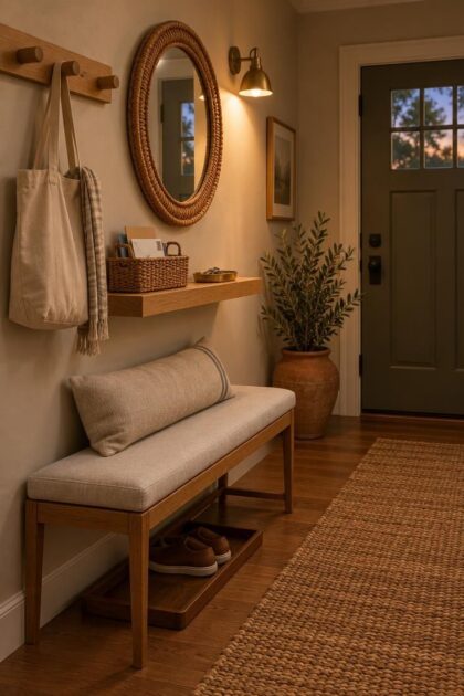 11 Warm Entryway Command Center Ideas for a Calmer Drop Zone Cozy home entry at dusk with a white oak peg strip and shelf, a woven mail basket, a linen bench, and warm sconce light.