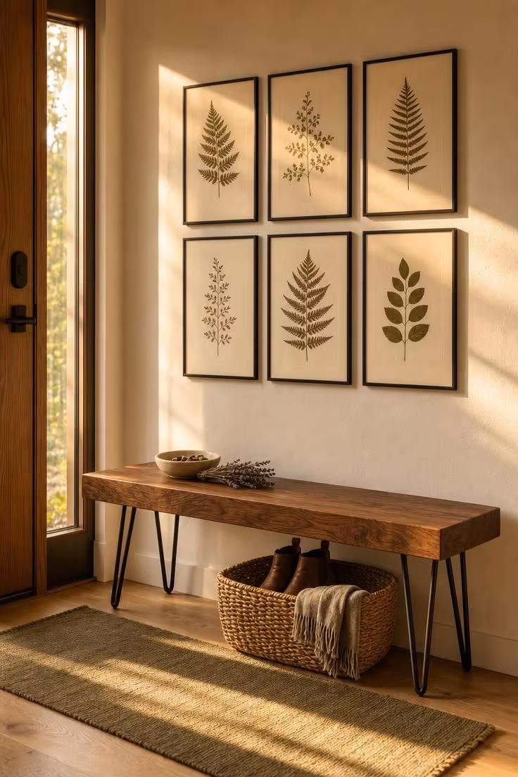 10 Charming Entryway Ideas With Bench for Every Style 1 Walnut slab bench on hairpin legs beneath a grid of framed botanical prints in a warm entryway with golden afternoon light