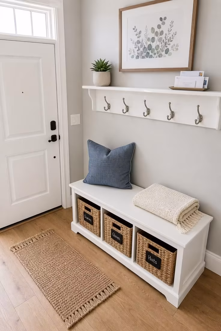 10 Charming Entryway Ideas With Bench for Every Style 2 White painted storage bench with wicker baskets and brushed nickel coat hooks in a bright family entryway