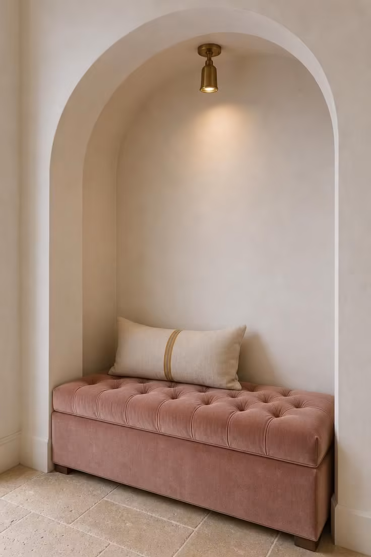 10 Charming Entryway Ideas With Bench for Every Style 3 Dusty rose tufted velvet bench inside a deep arched plaster alcove with soft overhead light