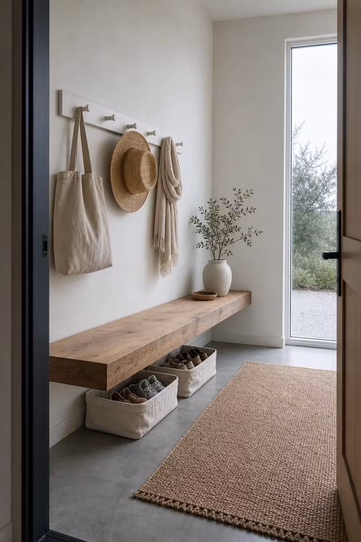 10 Charming Entryway Ideas With Bench for Every Style 4 Raw cedar entryway bench floating below a white Shaker peg rail in a minimal Scandinavian space with cool morning light