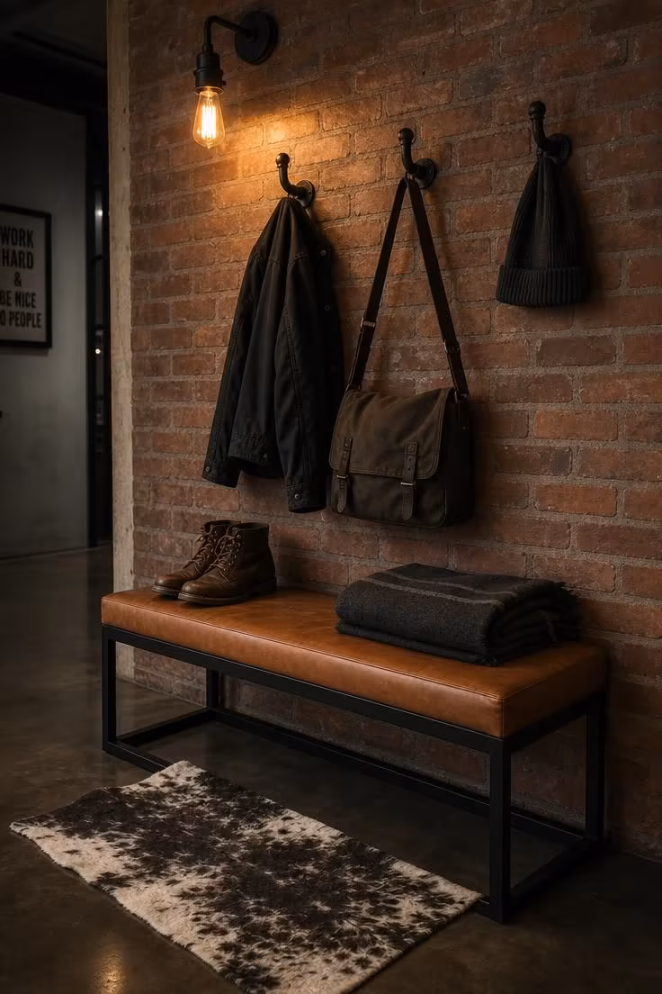 10 Charming Entryway Ideas With Bench for Every Style 5 Industrial steel-frame bench with saddle leather cushion and iron pipe hooks against exposed brick in a moody loft entryway