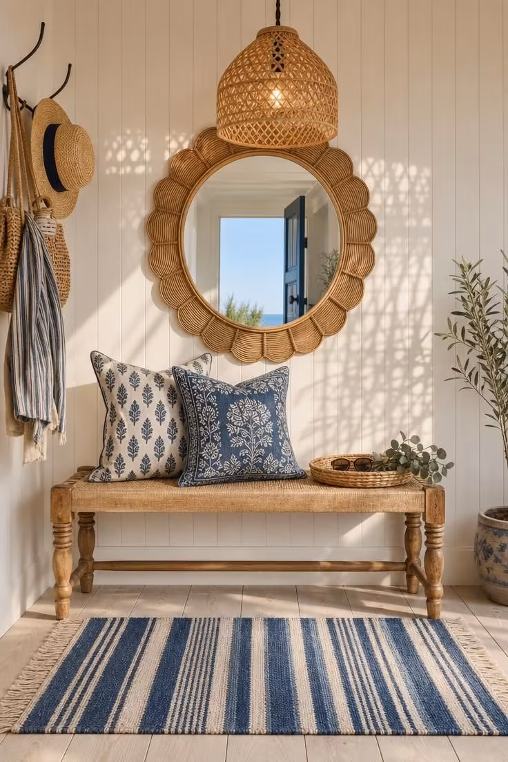 10 Charming Entryway Ideas With Bench for Every Style 6 Cane-woven bench with scalloped rattan mirror and pendant light in a coastal vintage entryway with warm afternoon light
