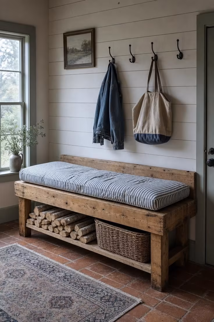 10 Charming Entryway Ideas With Bench for Every Style 8 Chunky reclaimed pine bench with blue ticking cushion on a shiplap wall in a farmhouse entryway with cool morning light