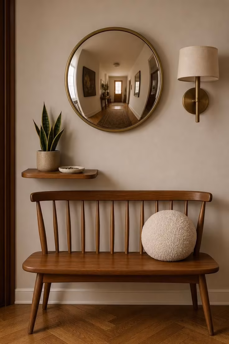 10 Charming Entryway Ideas With Bench for Every Style 9 Oiled teak spindle bench below a round convex brass mirror in a narrow mid-century hallway with soft diffused light