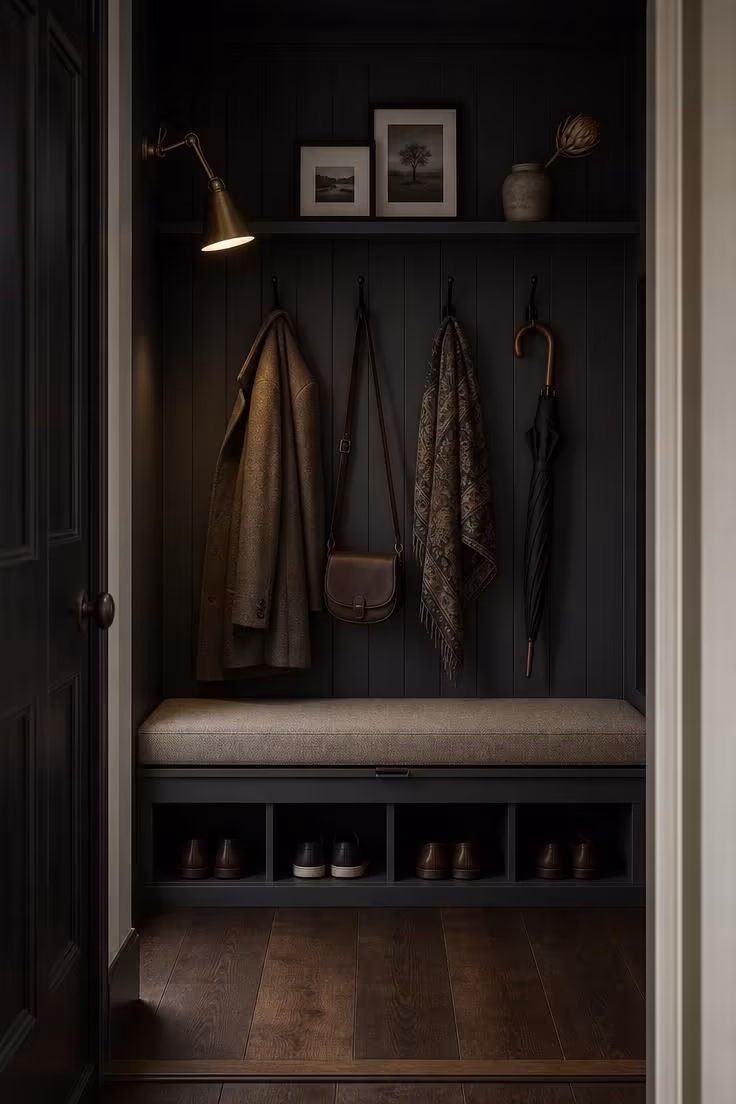 10 Charming Entryway Ideas With Bench for Every Style 10 Built-in banquette bench with shoe cubbies and charcoal tongue-and-groove paneling in a moody architectural entryway