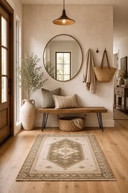10 Charming Entryway Ideas With Bench for Every Style Styled entryway with a wood slab bench, round mirror, woven basket, and warm pendant light creating an inviting first impression